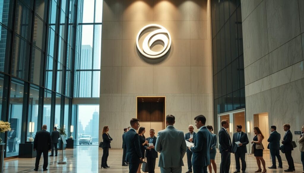 An elegant high-rise office building with a modern, sleek design. The exterior features floor-to-ceiling windows, reflecting the city skyline. The lobby is spacious and well-lit, with polished marble floors and a large, stylized logo on the wall. In the foreground, a group of well-dressed professionals, some engaged in conversation, others reviewing documents. The atmosphere conveys a sense of confidence, expertise, and financial success. Soft, directional lighting casts a warm, inviting glow throughout the scene. Captured from a slightly elevated angle to showcase the architectural details and the activity within. An elegant high-rise office building with a modern, sleek design. The exterior features floor-to-ceiling windows, reflecting the city skyline. The lobby is spacious and well-lit, with polished marble floors and a large, stylized logo on the wall. In the foreground, a group of well-dressed professionals, some engaged in conversation, others reviewing documents. The atmosphere conveys a sense of confidence, expertise, and financial success. Soft, directional lighting casts a warm, inviting glow throughout the scene. Captured from a slightly elevated angle to showcase the architectural details and the activity within.