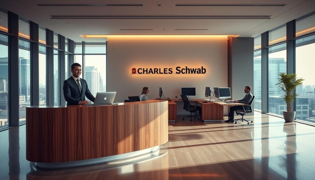 An elegant modern office interior with floor-to-ceiling windows overlooking a cityscape. In the foreground, a sleek, wood-paneled reception desk is staffed by a knowledgeable and welcoming financial advisor. Behind the desk, a team of professionals is seated at minimalist workstations, intently focused on managing client portfolios. The lighting is soft and warm, creating a sense of professionalism and trust. In the background, the iconic Charles Schwab logo is prominently displayed, reinforcing the brand's reputation for excellence in financial advisory services. The overall atmosphere conveys a sense of expertise, innovation, and commitment to client success.