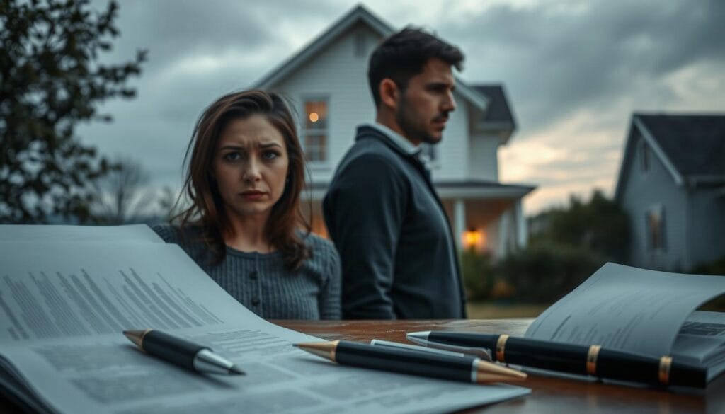 An estranged couple standing apart, their once-shared home looming behind them, cast in the somber tones of a crumbling marriage. The woman's face is etched with worry, the man's expression hardened by the weight of financial burdens. In the foreground, scattered documents and a pen symbolize the legal intricacies of untangling their lives, while the fading light outside suggests the uncertain future they now face, their once-shared dreams of homeownership now fractured by the realities of divorce. An estranged couple standing apart, their once-shared home looming behind them, cast in the somber tones of a crumbling marriage. The woman's face is etched with worry, the man's expression hardened by the weight of financial burdens. In the foreground, scattered documents and a pen symbolize the legal intricacies of untangling their lives, while the fading light outside suggests the uncertain future they now face, their once-shared dreams of homeownership now fractured by the realities of divorce.