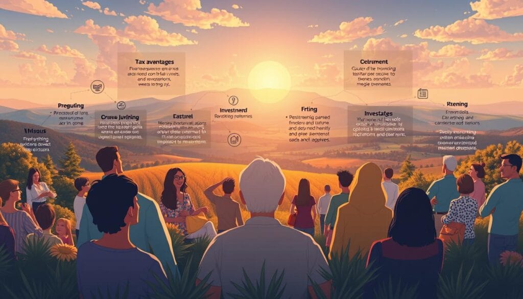 An expansive and vibrant illustration showcasing the key benefits of an MPI retirement plan. In the foreground, a diverse group of individuals enjoying financial security, retirement savings, and peace of mind. In the middle ground, visual metaphors for plan features like tax advantages, investment options, and income streams. The background depicts a serene, prosperous landscape, conveying the long-term stability and growth potential of an MPI plan. Warm, inviting lighting and a lens that captures the scene with clarity and depth, creating an aspirational, inspiring atmosphere.