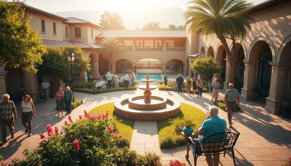 An expansive sun-dappled courtyard, with lush greenery and a tranquil water feature at its center. Retirees stroll leisurely, some pausing to admire the blooming flowers or engage in lively conversation on wrought-iron benches. The architecture evokes a classic southwestern style, with terracotta roofs, stucco walls, and arched entryways. Soft, warm lighting filters through the scene, casting a golden glow and creating a serene, inviting atmosphere. In the distance, a glimpse of a well-equipped fitness center and an indoor swimming pool, reflecting the community's commitment to active, healthy living. This image perfectly captures the essence of a thriving, vibrant retirement community. An expansive sun-dappled courtyard, with lush greenery and a tranquil water feature at its center. Retirees stroll leisurely, some pausing to admire the blooming flowers or engage in lively conversation on wrought-iron benches. The architecture evokes a classic southwestern style, with terracotta roofs, stucco walls, and arched entryways. Soft, warm lighting filters through the scene, casting a golden glow and creating a serene, inviting atmosphere. In the distance, a glimpse of a well-equipped fitness center and an indoor swimming pool, reflecting the community's commitment to active, healthy living. This image perfectly captures the essence of a thriving, vibrant retirement community.