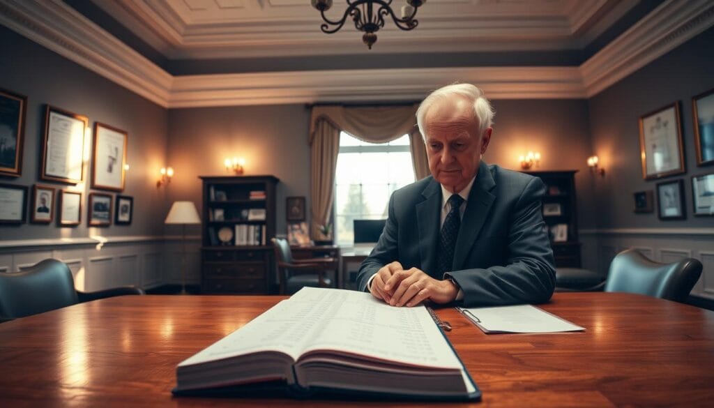 An expansive, well-lit office space with a large wooden desk at the center. On the desk, a detailed ledger displays various financial figures and calculations. In the foreground, an elderly man in a suit reviews the documents intently, brow furrowed in contemplation. The walls are adorned with framed certificates and awards, conveying a sense of authority and expertise. Soft, warm lighting filters through the room, creating a serene, professional atmosphere. The scene evokes a sense of trust, security, and thoughtful financial management, reflecting the reputation and services of Edward Jones.