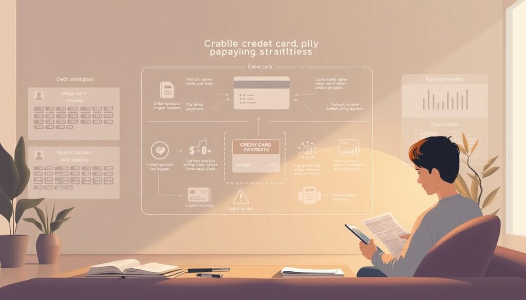 An intricate illustration showcasing effective credit card debt repayment strategies. In the foreground, a person carefully managing their finances, reviewing statements and making purposeful payments. The middle ground features a detailed visualization of debt reduction methods, including debt consolidation, balance transfers, and strategic payment plans. In the background, a serene, minimalist environment with muted colors, conveying a sense of control and organized financial well-being. The scene is illuminated by warm, natural lighting, creating a calming, focused atmosphere to emphasize the importance of proactive debt management. An intricate illustration showcasing effective credit card debt repayment strategies. In the foreground, a person carefully managing their finances, reviewing statements and making purposeful payments. The middle ground features a detailed visualization of debt reduction methods, including debt consolidation, balance transfers, and strategic payment plans. In the background, a serene, minimalist environment with muted colors, conveying a sense of control and organized financial well-being. The scene is illuminated by warm, natural lighting, creating a calming, focused atmosphere to emphasize the importance of proactive debt management.