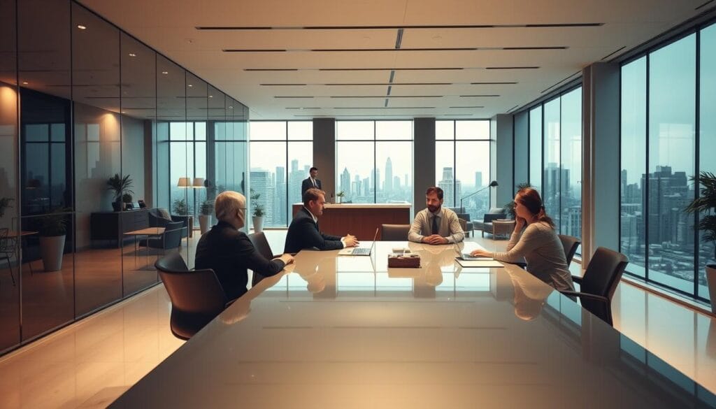 An office interior with a modern, professional atmosphere. A glass-walled conference room in the foreground, with a team of financial advisors sitting around a sleek, polished table, engaged in a discussion. Soft, indirect lighting illuminates the space, creating a warm and inviting ambiance. In the middle ground, a reception area with contemporary furniture and decor, and a receptionist greeting visitors. The background features floor-to-ceiling windows, offering a panoramic view of a bustling city skyline. The overall scene conveys a sense of expertise, collaboration, and the personalized attention that clients would expect from a reputable financial advisory firm.