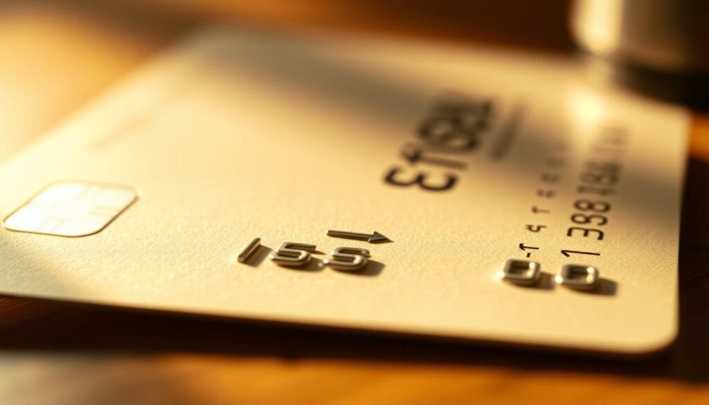 Detailed close-up of a credit card bill with a high balance, illuminated by warm, soft lighting that casts gentle shadows. The card's surface is glossy and textured, reflecting the light subtly. The numbers and text on the statement are clearly legible, conveying the weight and seriousness of the financial situation. The background is slightly blurred, drawing the viewer's attention to the central focus of the credit card balance. The overall mood is one of concern and responsibility, highlighting the need for financial awareness and prudent credit management.