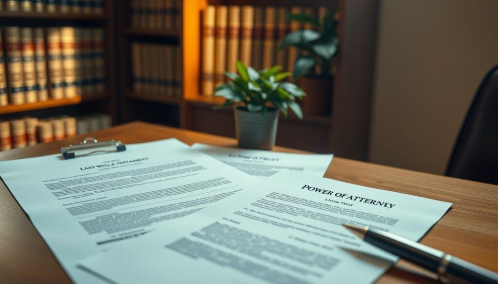Detailed estate planning documents arranged on a wooden desk, bathed in warm, directional lighting. The papers include a last will and testament, power of attorney, and living trust, all with official seals and signatures. In the background, a bookshelf filled with legal volumes and a potted plant add depth and a sense of professionalism. The overall mood is one of careful organization and the gravity of end-of-life planning, conveying the importance of these essential documents for inheritance and estate management.