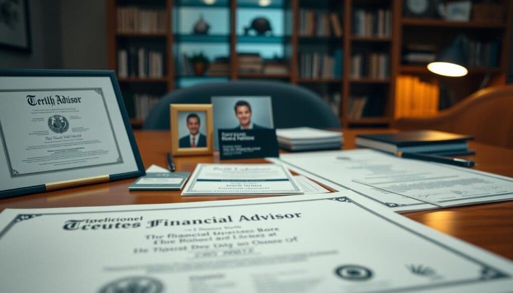Detailed financial advisor credentials laid out on a wooden desk, illuminated by soft, warm lighting. In the foreground, a diplomas, certificates, and licenses are arranged neatly, conveying expertise and trustworthiness. The middle ground features a professional headshot and business card, adding a personal touch. In the background, a subtle, blurred bookshelf hints at the advisor's extensive knowledge and experience. The overall scene exudes an aura of competence, reliability, and dedication to providing sound financial guidance.