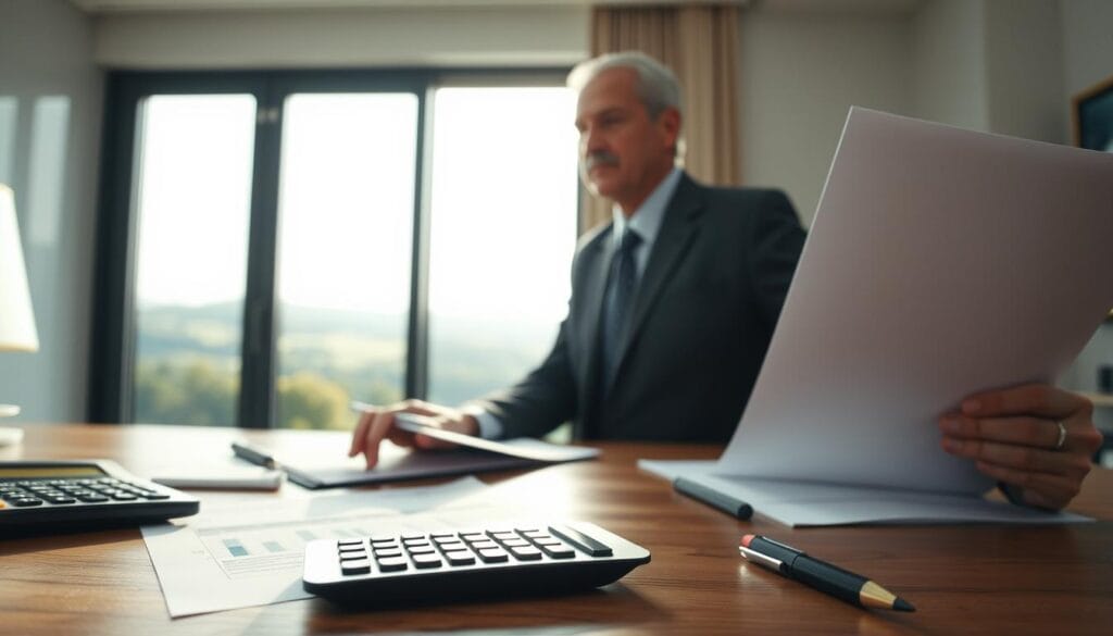 Detailed retirement income plan with financial advisor, rendered in a professional, informative style. In the foreground, a calculator, documents, and a pen on a wooden desk, symbolizing the analytical work. In the middle, a financial advisor in a suit gesturing with papers, conveying expertise. In the background, a window overlooking a serene, natural landscape, suggesting the long-term vision of retirement planning. Soft, natural lighting illuminates the scene, creating a calm, trustworthy atmosphere. The composition emphasizes the guidance and planning aspects of retirement income advisory. Detailed retirement income plan with financial advisor, rendered in a professional, informative style. In the foreground, a calculator, documents, and a pen on a wooden desk, symbolizing the analytical work. In the middle, a financial advisor in a suit gesturing with papers, conveying expertise. In the background, a window overlooking a serene, natural landscape, suggesting the long-term vision of retirement planning. Soft, natural lighting illuminates the scene, creating a calm, trustworthy atmosphere. The composition emphasizes the guidance and planning aspects of retirement income advisory.