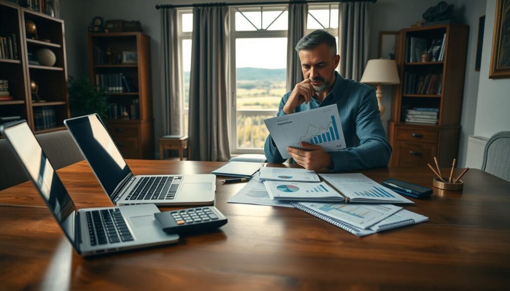 Detailed retirement planning strategies depicted in a meticulously crafted image. A polished wooden desk in the foreground, with a laptop, calculator, and financial documents neatly arranged. In the middle ground, a thoughtful investor reviewing investment portfolios and retirement projections on a tablet. The background features a serene home office setting, with bookshelves, awards, and a window overlooking a picturesque landscape, conveying a sense of financial security and long-term planning. The lighting is soft and warm, creating a calming, professional atmosphere. The overall composition and attention to detail aim to visually represent the key investment planning strategies outlined in the article.