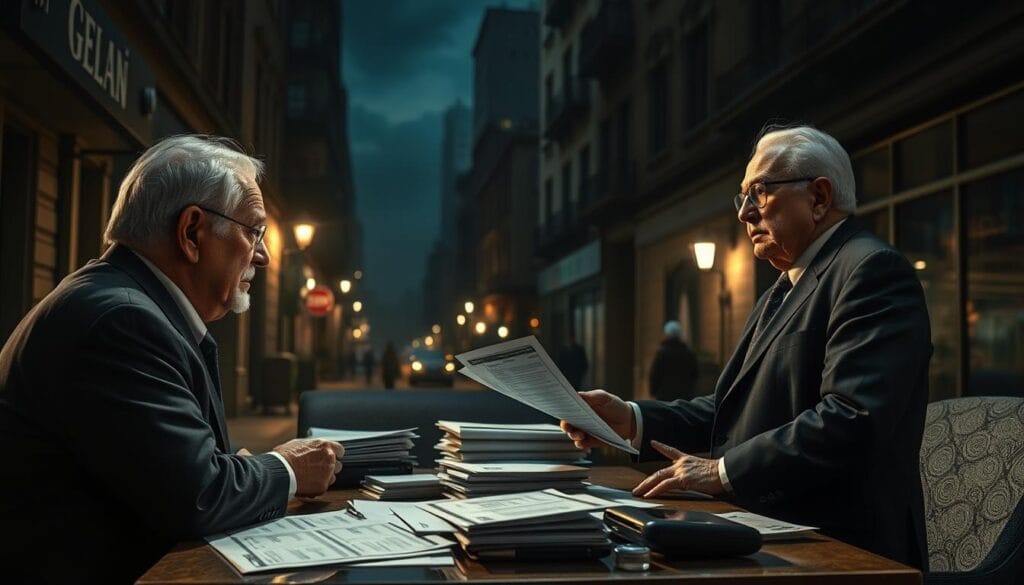 Detailed scene of financial scams targeting senior citizens. In the foreground, an elderly person being approached by a scammer in a suit, using deceptive tactics to manipulate them. In the middle ground, various financial documents, bank statements, and electronic devices symbolizing the tactics used in these scams. In the background, a dimly lit and ominous urban setting, conveying the predatory nature of these crimes. Dramatic lighting, high contrast, and a somber color palette to evoke the gravity of the situation. Realistic, photorealistic style. Detailed scene of financial scams targeting senior citizens. In the foreground, an elderly person being approached by a scammer in a suit, using deceptive tactics to manipulate them. In the middle ground, various financial documents, bank statements, and electronic devices symbolizing the tactics used in these scams. In the background, a dimly lit and ominous urban setting, conveying the predatory nature of these crimes. Dramatic lighting, high contrast, and a somber color palette to evoke the gravity of the situation. Realistic, photorealistic style.