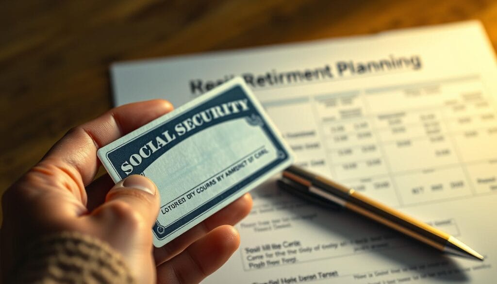 Detailed visualization of a senior person's hand holding a social security card, set against a blurred background of retirement planning documents. Soft, warm lighting illuminates the scene, creating a sense of contemplation and financial security. The card is the focal point, symbolizing the importance of optimizing social security timing for retirement income. The composition emphasizes the simplicity and personal nature of this critical financial decision. Subtle textures and muted colors evoke a sense of thoughtfulness and care in the planning process. Detailed visualization of a senior person's hand holding a social security card, set against a blurred background of retirement planning documents. Soft, warm lighting illuminates the scene, creating a sense of contemplation and financial security. The card is the focal point, symbolizing the importance of optimizing social security timing for retirement income. The composition emphasizes the simplicity and personal nature of this critical financial decision. Subtle textures and muted colors evoke a sense of thoughtfulness and care in the planning process.