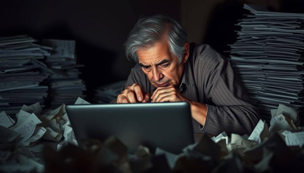 Elderly person hunched over laptop, poring over student loan statements amidst a sea of crumpled papers. Dim, desaturated lighting casts an air of gloom and despair. A stack of bills and debt notices looms in the background, casting ominous shadows. The subject's brow is furrowed with worry, hands clasped tightly around the laptop, a portrait of the crushing burden of senior student debt. The scene conveys a sense of hopelessness and the overwhelming financial strain faced by older adults struggling with lingering educational loans. Elderly person hunched over laptop, poring over student loan statements amidst a sea of crumpled papers. Dim, desaturated lighting casts an air of gloom and despair. A stack of bills and debt notices looms in the background, casting ominous shadows. The subject's brow is furrowed with worry, hands clasped tightly around the laptop, a portrait of the crushing burden of senior student debt. The scene conveys a sense of hopelessness and the overwhelming financial strain faced by older adults struggling with lingering educational loans.