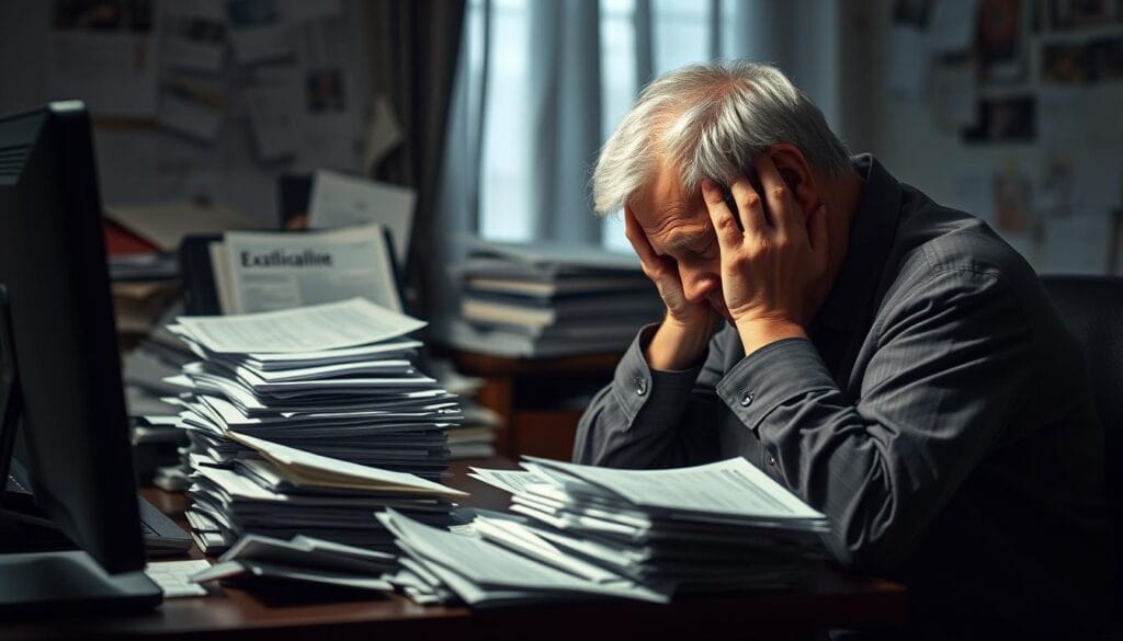 Elderly person sitting at desk, overwhelmed by stacks of bills and credit card statements, head in hands. Dim lighting casts shadows, creating a somber, stressful atmosphere. In the background, a cluttered room with financial documents scattered, conveying the financial challenges facing seniors in the US. The image should evoke a sense of the burden and stress of managing credit card debt in retirement. Elderly person sitting at desk, overwhelmed by stacks of bills and credit card statements, head in hands. Dim lighting casts shadows, creating a somber, stressful atmosphere. In the background, a cluttered room with financial documents scattered, conveying the financial challenges facing seniors in the US. The image should evoke a sense of the burden and stress of managing credit card debt in retirement.