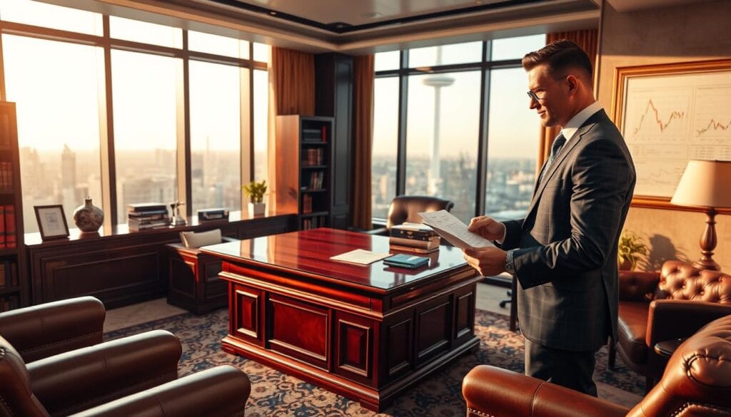 Elegant executive office interior with panoramic city view, warm lighting, leather furniture, and modern decor. A polished mahogany desk sits at the center, flanked by bookshelves and framed financial charts on the walls. In the foreground, a smartly dressed financial advisor reviews documents with a client, exuding an air of professionalism and expertise. The atmosphere conveys a sense of wealth, stability, and trusted financial guidance.