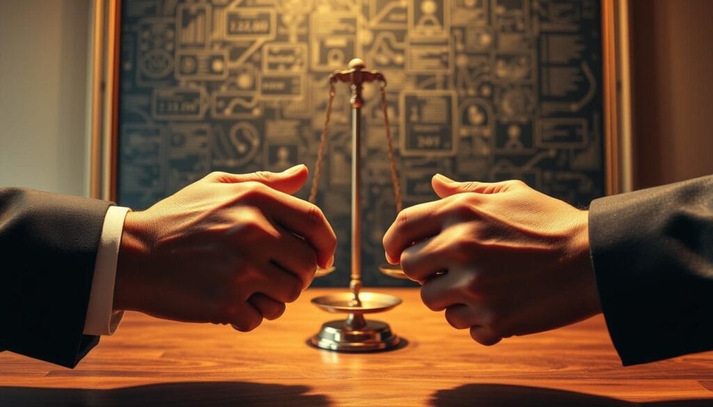 Fiduciary duty, a sacred trust depicted in a meticulous oil painting. In the foreground, a pair of hands clasped in solemn promise, symbolizing the unwavering commitment to act in the client's best interests. The middle ground reveals a scale, delicately balanced, representing the impartial and unbiased decision-making process. In the distant background, a maze of complex financial instruments and data, signifying the intricate landscape navigated by the fiduciary. Warm, golden lighting casts a serene, contemplative atmosphere, evoking a sense of reliability and integrity. Captured through a wide-angle lens, the composition invites the viewer to immerse themselves in the weighty responsibility of the fiduciary duty.