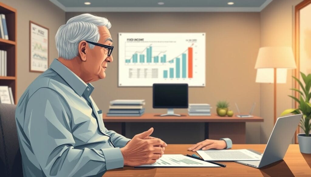 Generate an image of a senior consulting with a financial advisor about fixed income investments.