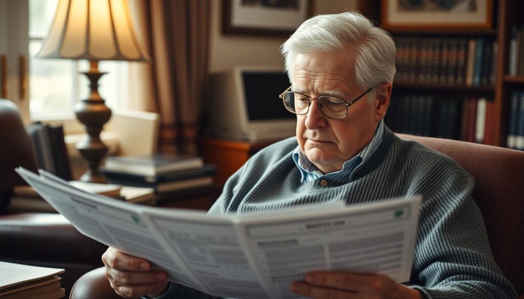 Generate an image of a senior reviewing U.S. Treasury securities documents