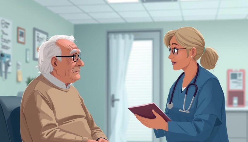 Image of a senior consulting with a healthcare professional about medical expenses.