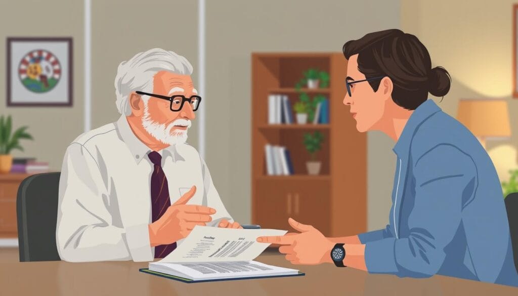 Image of a senior discussing long-term care insurance options with a financial advisor