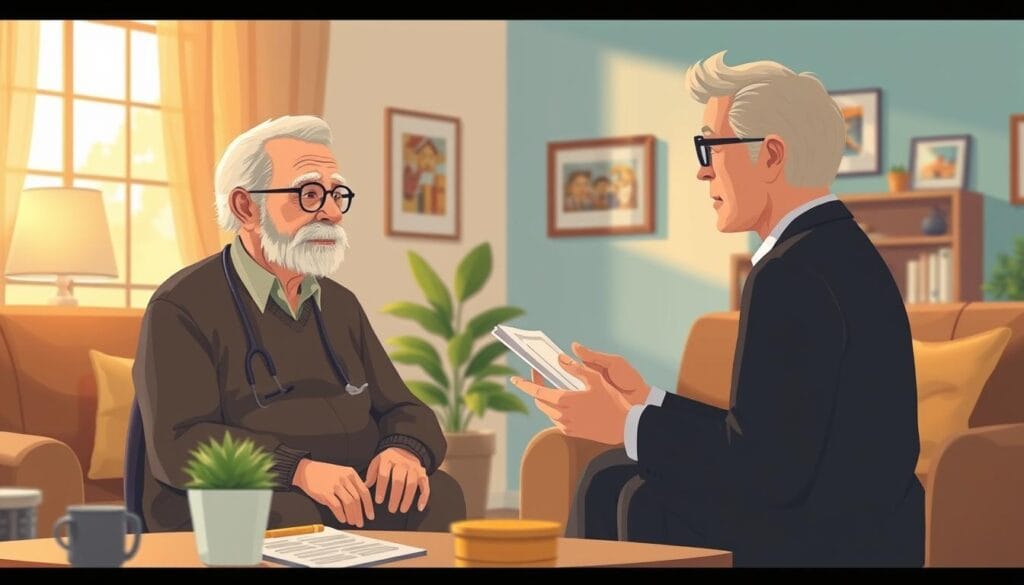 Image of a senior homeowner consulting with a financial advisor about reverse mortgage options. Image of a senior homeowner consulting with a financial advisor about reverse mortgage options.