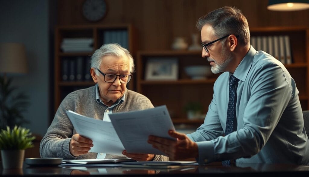 Image of a senior reviewing financial documents with a trusted advisor Image of a senior reviewing financial documents with a trusted advisor