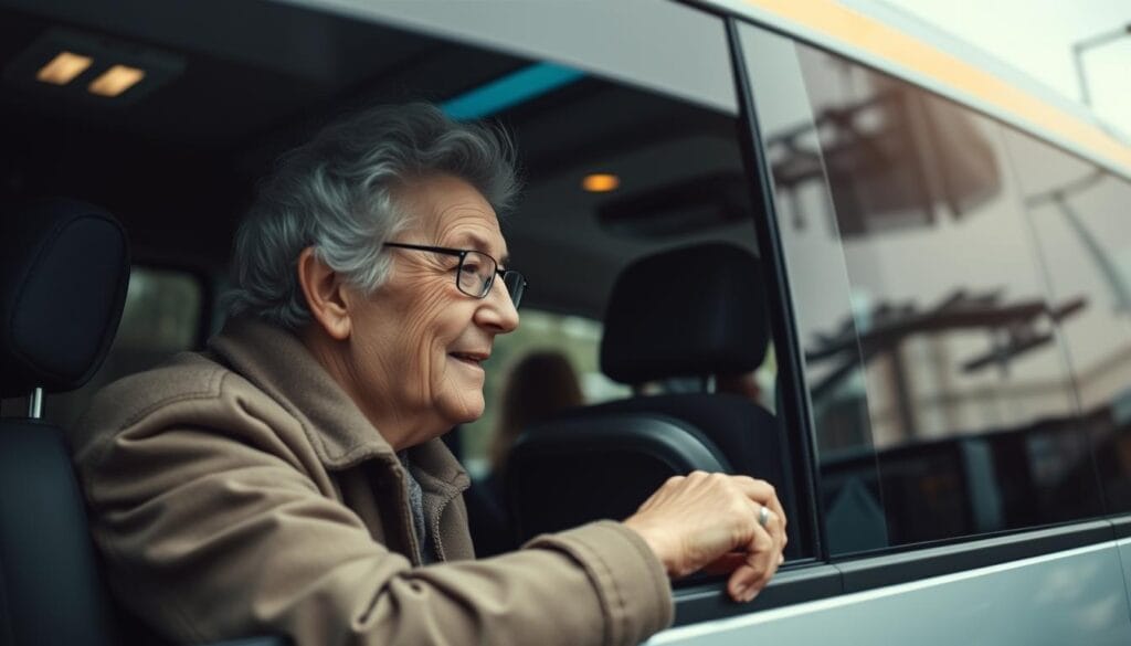 Image of a senior using a transportation service Image of a senior using a transportation service