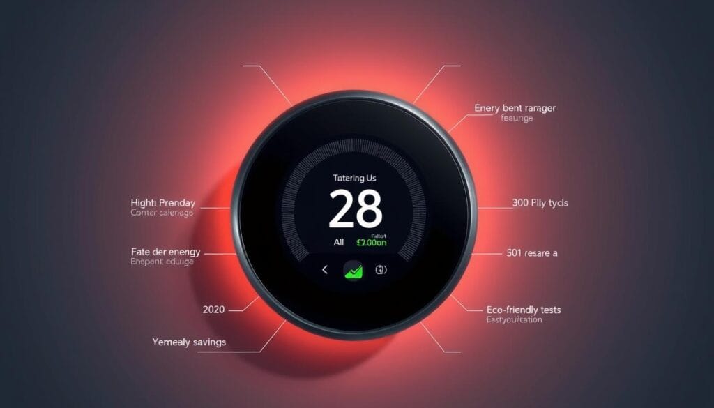 Image of a smart thermostat interface showing energy savings Image of a smart thermostat interface showing energy savings