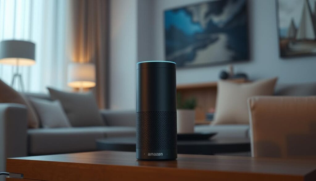 Image of an Amazon Echo device Image of an Amazon Echo device