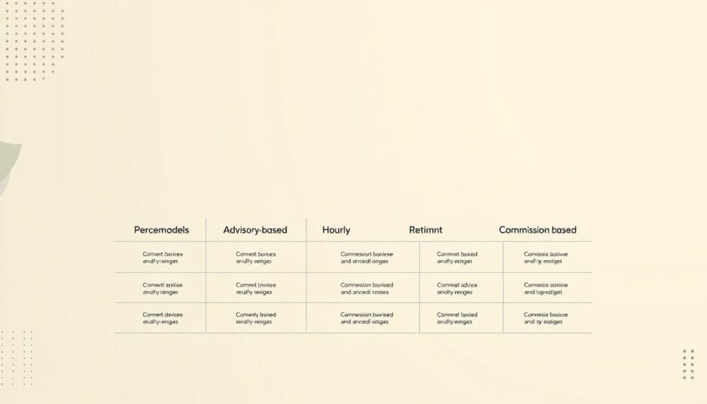 Inspired by contemporary financial diagrams, a minimalist composition depicting the key fee structures associated with financial advisors. In the foreground, a clean grid layout showcases different advisory fee models, including percentage-based, hourly, retainer, and commission-based. The middle ground features subtle gradient backgrounds in a restrained color palette, evoking a sense of professionalism and stability. The background subtly incorporates geometric patterns and abstract shapes, creating a visually striking and informative image to contextualize the nuances of financial advisor charges. Inspired by contemporary financial diagrams, a minimalist composition depicting the key fee structures associated with financial advisors. In the foreground, a clean grid layout showcases different advisory fee models, including percentage-based, hourly, retainer, and commission-based. The middle ground features subtle gradient backgrounds in a restrained color palette, evoking a sense of professionalism and stability. The background subtly incorporates geometric patterns and abstract shapes, creating a visually striking and informative image to contextualize the nuances of financial advisor charges.