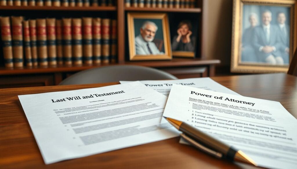 Neatly arranged estate planning documents, including a last will and testament, power of attorney, and living trust, resting on a wooden desk. A warm, soft light illuminates the papers, conveying a sense of thoughtfulness and careful consideration. In the background, a bookshelf filled with legal volumes and a framed family portrait hint at the personal and intergenerational aspects of estate planning. The composition is balanced, with a focus on the key documents, conveying the importance of these legal instruments in securing a senior's financial legacy and ensuring a smooth transition of wealth. Neatly arranged estate planning documents, including a last will and testament, power of attorney, and living trust, resting on a wooden desk. A warm, soft light illuminates the papers, conveying a sense of thoughtfulness and careful consideration. In the background, a bookshelf filled with legal volumes and a framed family portrait hint at the personal and intergenerational aspects of estate planning. The composition is balanced, with a focus on the key documents, conveying the importance of these legal instruments in securing a senior's financial legacy and ensuring a smooth transition of wealth.