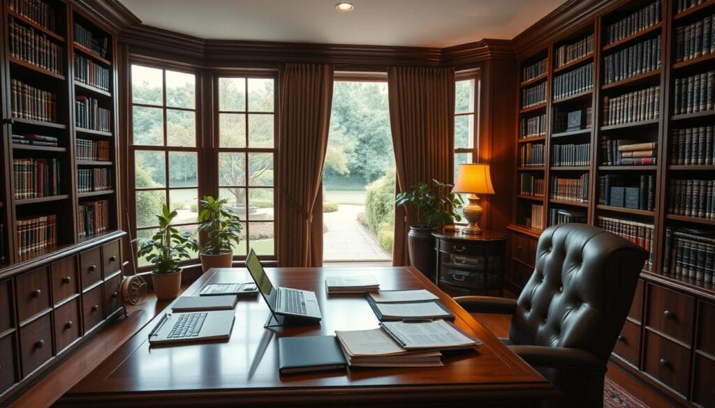 Personalized financial planning: a serene, well-appointed office with a mahogany desk, leather chair, and floor-to-ceiling bookshelves filled with financial tomes. On the desk, a laptop, a tablet, and meticulously organized documents. Warm, indirect lighting casts a cozy glow, while large windows overlook a tranquil garden. A sense of professionalism and expertise permeates the space, conveying the care and attention to detail that a top-tier financial advisory firm, like Captrust Advisors, would provide to its clients. Personalized financial planning: a serene, well-appointed office with a mahogany desk, leather chair, and floor-to-ceiling bookshelves filled with financial tomes. On the desk, a laptop, a tablet, and meticulously organized documents. Warm, indirect lighting casts a cozy glow, while large windows overlook a tranquil garden. A sense of professionalism and expertise permeates the space, conveying the care and attention to detail that a top-tier financial advisory firm, like Captrust Advisors, would provide to its clients.