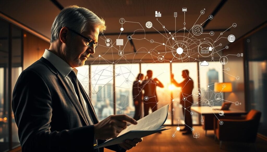 Prompt A dynamic scene depicting the intricate web of risk management for a senior business owner. In the foreground, a mature executive examines financial documents, their expression one of focused consideration. Surrounding them, an abstract visualization of various risk factors - a tangled web of lines and shapes representing regulatory compliance, market volatility, and operational challenges. In the middle ground, a trio of advisors gesticulate, engaged in a tense discussion, their body language conveying the gravity of the decisions at hand. The background features a sleek, minimalist office setting, with floor-to-ceiling windows overlooking a bustling cityscape, hinting at the broader context in which these risk management decisions are made. Warm, directional lighting casts dramatic shadows, heightening the sense of gravitas. The overall mood is one of thoughtful contemplation, with an undercurrent of urgency.