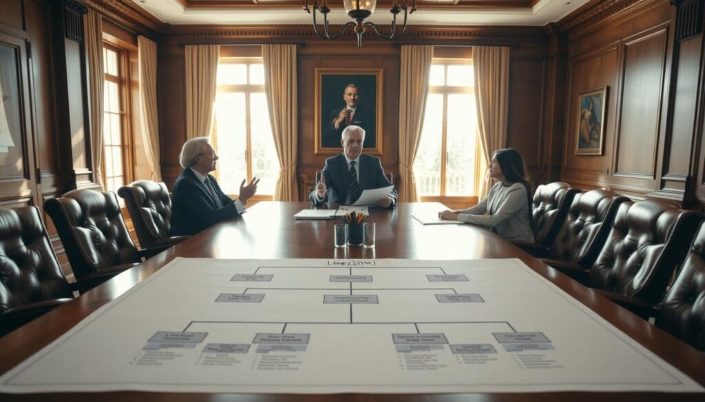 Prompt A well-appointed boardroom, with an elegant oak table and leather chairs. Sunlight streams through large windows, casting a warm glow on the scene. At the head of the table, a seasoned executive gestures as they discuss plans with their team, the weight of legacy and the future in their eyes. In the foreground, a detailed organizational chart outlines the company's structure, signifying the importance of thoughtful succession planning. The atmosphere conveys a sense of purpose and foresight, as the group navigates the transition of leadership.