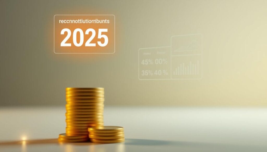 Retirement contribution limits 2025, depicted in a clean, minimalist style. A stack of gold coins in the foreground, representing the maximum amount that can be contributed to retirement accounts. Floating above, a holographic display with numerical data and infographics, showcasing the updated limits for different retirement plans. The background is a serene, gradient-filled scene, symbolizing the secure and well-planned future for seniors. Soft, directional lighting casts a warm glow, creating a sense of reliability and trustworthiness. The overall composition conveys a message of financial preparedness and informed retirement planning.