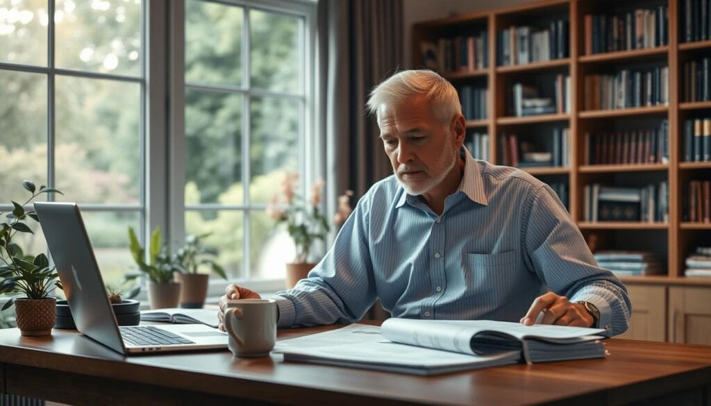Retirement financial planning: A serene home office scene with a large window overlooking a tranquil garden. Soft, warm lighting illuminates a wooden desk adorned with a laptop, a stack of financial documents, and a mug of steaming coffee. In the background, bookshelves filled with finance and investment books create a cozy, scholarly atmosphere. The foreground features a senior entrepreneur, dressed in a crisp, collared shirt, thoughtfully reviewing retirement planning documents. The overall mood is one of contemplation, financial security, and a peaceful transition into the next chapter of life.