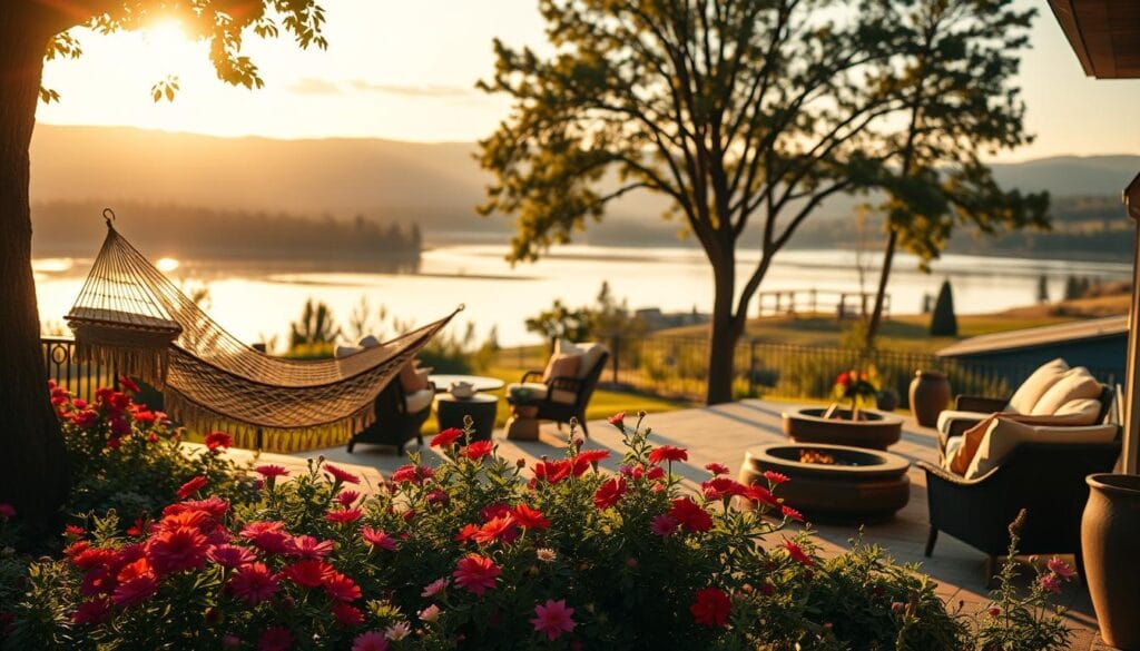 Retirement goals: a peaceful, sun-dappled patio overlooking a serene lake, with a cozy hammock swaying gently in the breeze. In the foreground, a vibrant garden bursts with colorful blooms, tended by the hands of a contented retiree. The middle ground reveals a well-appointed outdoor living area, complete with plush seating and a crackling fire pit, inviting tranquil moments of reflection. In the distance, a picturesque landscape unfolds, with rolling hills and majestic trees silhouetted against a warm, golden sky. Soft, diffused lighting creates a comforting, intimate atmosphere, conveying a sense of security and fulfillment in the golden years.