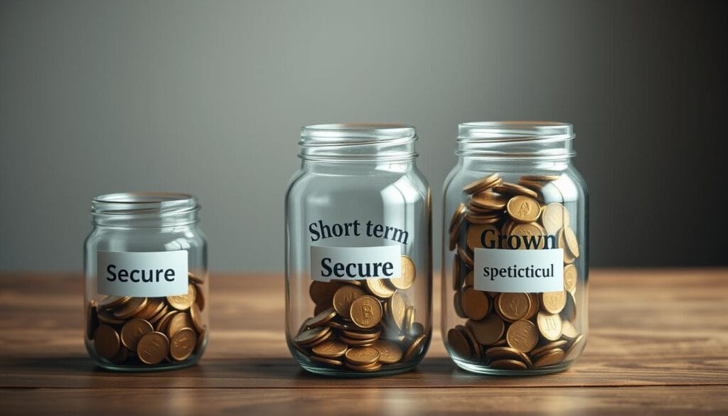 Retirement investment buckets: three glass jars representing short-term, medium-term, and long-term savings, arranged on a wooden table. The jars are filled with gold coins, representing secure, growth, and speculative investment strategies. A soft, warm lighting illuminates the scene, creating a sense of financial stability and planning for the future. The background is blurred, with muted colors, allowing the investment buckets to be the focal point. The composition is balanced, with the jars positioned in a triangular layout, symbolizing the layered approach to retirement investing. Retirement investment buckets: three glass jars representing short-term, medium-term, and long-term savings, arranged on a wooden table. The jars are filled with gold coins, representing secure, growth, and speculative investment strategies. A soft, warm lighting illuminates the scene, creating a sense of financial stability and planning for the future. The background is blurred, with muted colors, allowing the investment buckets to be the focal point. The composition is balanced, with the jars positioned in a triangular layout, symbolizing the layered approach to retirement investing.