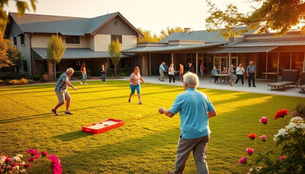 Services, amenities, and daily life at a vibrant retirement community. In the foreground, a group of seniors enjoying a lively game of bocce ball on a well-manicured lawn, surrounded by lush greenery and blooming flowers. In the middle ground, a modern, well-equipped fitness center with seniors participating in a group exercise class. In the background, a picturesque community center with an inviting patio, where residents gather for social activities and communal meals. Warm, natural lighting illuminates the scene, creating a sense of welcoming and active community. The overall atmosphere conveys a balance of activity, leisure, and a high quality of living for the residents. Services, amenities, and daily life at a vibrant retirement community. In the foreground, a group of seniors enjoying a lively game of bocce ball on a well-manicured lawn, surrounded by lush greenery and blooming flowers. In the middle ground, a modern, well-equipped fitness center with seniors participating in a group exercise class. In the background, a picturesque community center with an inviting patio, where residents gather for social activities and communal meals. Warm, natural lighting illuminates the scene, creating a sense of welcoming and active community. The overall atmosphere conveys a balance of activity, leisure, and a high quality of living for the residents.
