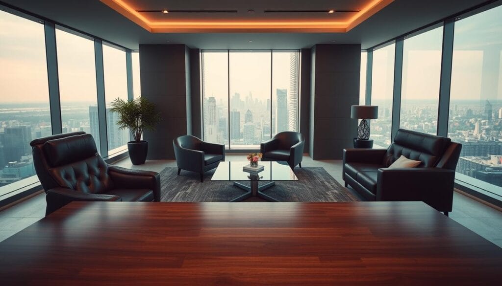 Sleek office interior with modern furniture and elegant decor. A large wooden desk dominates the foreground, adorned with a luxurious leather chair. The mid-ground features two stylish armchairs positioned around a glass coffee table, creating an inviting discussion area. The background showcases floor-to-ceiling windows, allowing natural light to flood the space and providing a panoramic view of a bustling cityscape. The lighting is soft and warm, creating a sophisticated and serene atmosphere. The overall scene conveys a sense of professionalism, expertise, and high-level financial advisory services. Sleek office interior with modern furniture and elegant decor. A large wooden desk dominates the foreground, adorned with a luxurious leather chair. The mid-ground features two stylish armchairs positioned around a glass coffee table, creating an inviting discussion area. The background showcases floor-to-ceiling windows, allowing natural light to flood the space and providing a panoramic view of a bustling cityscape. The lighting is soft and warm, creating a sophisticated and serene atmosphere. The overall scene conveys a sense of professionalism, expertise, and high-level financial advisory services.