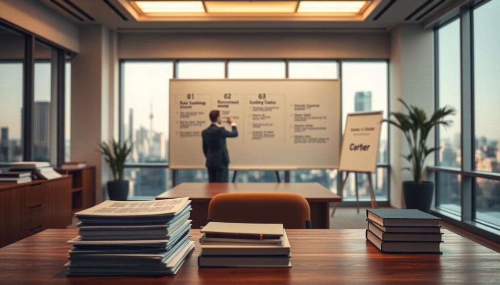 Steps to Become a Chartered Financial Advisor A sleek, modern office environment with warm lighting and clean lines. In the foreground, a wooden desk with stacks of books and documents, signifying the educational requirements. In the middle ground, a person in a suit standing in front of a whiteboard, illustrating a step-by-step process through diagrams and bullet points. The background features a cityscape visible through large windows, hinting at the professional opportunities and financial landscape. The overall mood is one of diligence, professionalism, and a clear path to achieving the Chartered Financial Advisor credential. Steps to Become a Chartered Financial Advisor A sleek, modern office environment with warm lighting and clean lines. In the foreground, a wooden desk with stacks of books and documents, signifying the educational requirements. In the middle ground, a person in a suit standing in front of a whiteboard, illustrating a step-by-step process through diagrams and bullet points. The background features a cityscape visible through large windows, hinting at the professional opportunities and financial landscape. The overall mood is one of diligence, professionalism, and a clear path to achieving the Chartered Financial Advisor credential.