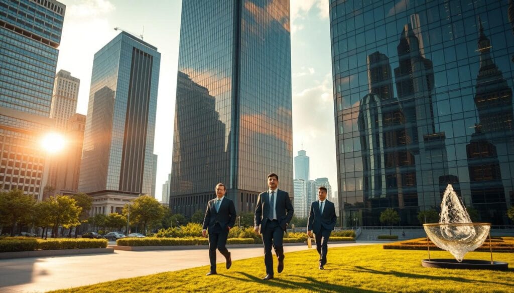Wealth management firms, striking glass and steel edifices set against a backdrop of a bustling cityscape. Imposing towers with sleek, modern architecture, their windows reflecting the vibrant urban landscape. In the foreground, well-dressed professionals stride purposefully, exuding an air of authority and financial acumen. The scene is bathed in warm, golden light, evoking a sense of prosperity and success. Lush, meticulously landscaped grounds surround the buildings, creating an oasis of tranquility amidst the urban chaos. Subtle details, such as discreet signage and elegant water features, convey the firms' commitment to excellence and attention to detail.