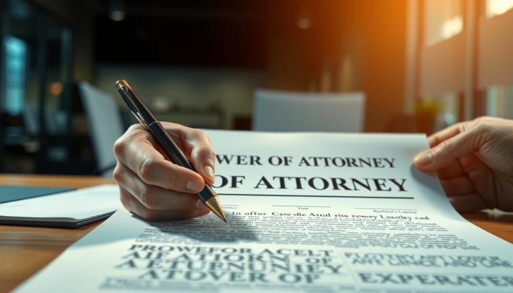 a beautifully detailed and realistic illustration of a power of attorney document, shot in a dramatic, high-contrast lighting with a warm, soft focus in the foreground. the document should be the central focus, with a pen and a hand signing the document, conveying the legal and serious nature of this process. the background should be blurred and out of focus, with subtle hints of an office or professional setting to provide context. the overall mood should be one of importance and gravity, reflecting the significance of a power of attorney.