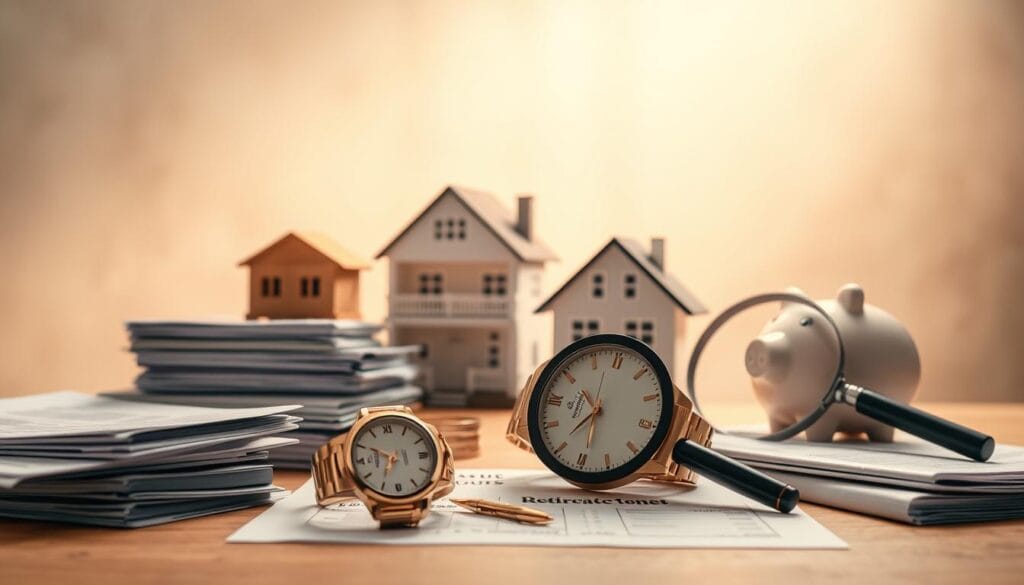 a beautifully lit studio shot of a table display showcasing various investment products for retirees, including a stack of retirement accounts, a model home, a piggy bank, a golden retirement watch, and a magnifying glass examining financial documents, all set against a soft, warm-toned background with subtle textures, creating a sense of security and financial planning for the golden years a beautifully lit studio shot of a table display showcasing various investment products for retirees, including a stack of retirement accounts, a model home, a piggy bank, a golden retirement watch, and a magnifying glass examining financial documents, all set against a soft, warm-toned background with subtle textures, creating a sense of security and financial planning for the golden years