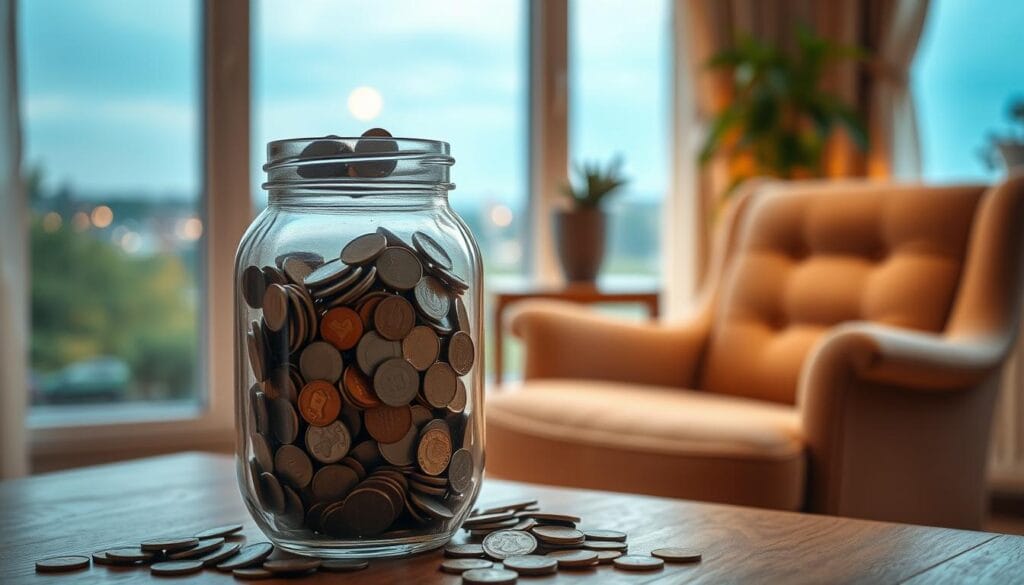 a cozy retirement savings scene with a warm, inviting atmosphere. In the foreground, a glass jar or piggy bank overflows with coins, representing a growing nest egg. In the middle ground, a comfortable armchair and a side table with a potted plant, suggesting a peaceful, relaxed setting. In the background, a window overlooking a tranquil garden or cityscape, bathed in soft, golden lighting. The overall composition conveys a sense of financial security, stability, and the rewards of diligent saving over time. a cozy retirement savings scene with a warm, inviting atmosphere. In the foreground, a glass jar or piggy bank overflows with coins, representing a growing nest egg. In the middle ground, a comfortable armchair and a side table with a potted plant, suggesting a peaceful, relaxed setting. In the background, a window overlooking a tranquil garden or cityscape, bathed in soft, golden lighting. The overall composition conveys a sense of financial security, stability, and the rewards of diligent saving over time.
