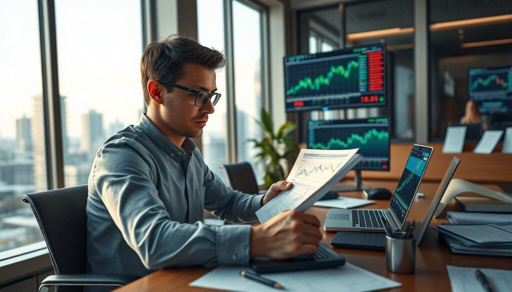 a detailed 3D render of a financial planning concept, depicting a person sitting at a desk in a modern office environment, surrounded by various financial documents, charts, and digital screens displaying investment information. The foreground features the person earnestly reviewing their investment strategy, with a focused and determined expression. The middle ground showcases a neatly organized desk with a laptop, calculator, and carefully arranged folders and paperwork. The background features large windows overlooking a cityscape, providing a sense of scale and the person's connection to their financial goals. The lighting is soft and warm, creating a professional and contemplative atmosphere. The overall composition conveys a sense of purpose, diligence, and the process of achieving financial objectives.