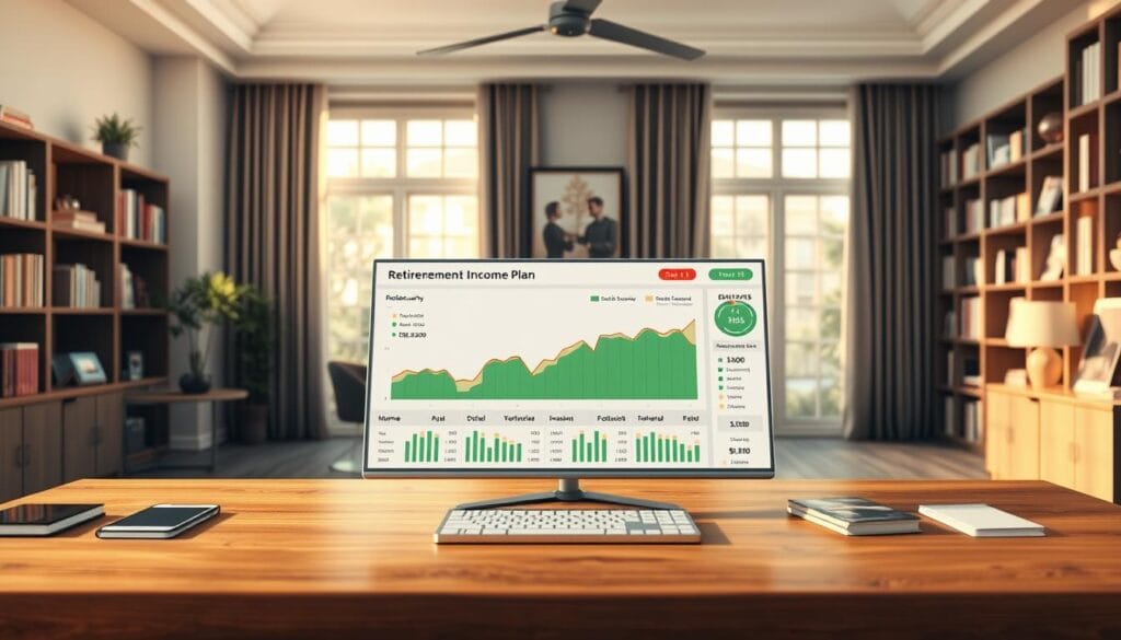 a detailed and realistic 3D illustration of a retirement income plan, featuring a financial dashboard displaying various income streams and sources, such as social security, pension, investments, and retirement accounts. The dashboard is displayed on a wooden desk, with a well-lit, professional office setting in the background, complete with bookshelves, a large window, and modern decor. The overall mood is one of financial security and confidence, with a focus on the core pillars of a comprehensive retirement income plan. The image should be rendered with a high level of detail, using soft, warm lighting and a shallow depth of field to draw the viewer's attention to the central financial dashboard. a detailed and realistic 3D illustration of a retirement income plan, featuring a financial dashboard displaying various income streams and sources, such as social security, pension, investments, and retirement accounts. The dashboard is displayed on a wooden desk, with a well-lit, professional office setting in the background, complete with bookshelves, a large window, and modern decor. The overall mood is one of financial security and confidence, with a focus on the core pillars of a comprehensive retirement income plan. The image should be rendered with a high level of detail, using soft, warm lighting and a shallow depth of field to draw the viewer's attention to the central financial dashboard.