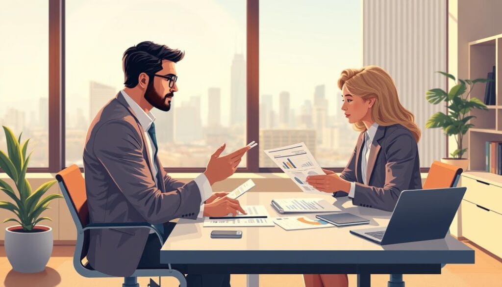 a detailed and realistic illustration of financial planning services, featuring a professional investment advisor meeting with a client in a modern, well-lit office setting. The advisor is sitting at a desk, presenting financial documents and charts to the client, who is listening intently. The office has a clean, minimalist design with large windows overlooking a cityscape in the background. Soft, warm lighting creates a professional and approachable atmosphere. The scene conveys the expertise, trustworthiness, and personalized nature of investment planning services.
