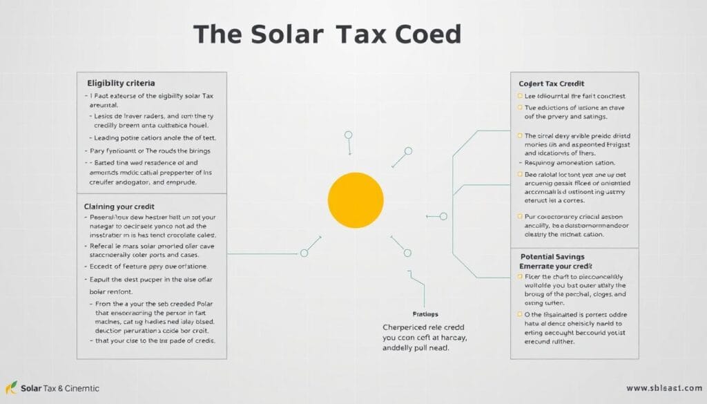 a detailed diagram of the federal solar tax credit, featuring a clear and informative layout with distinct sections explaining the key components, including eligibility criteria, credit amounts, claiming the credit, and potential savings. The diagram is presented against a clean, minimalist background with balanced use of muted colors and subtle grid lines to guide the viewer's attention. The overall design conveys a sense of authority and professionalism, making the complex information easy to understand at a glance. a detailed diagram of the federal solar tax credit, featuring a clear and informative layout with distinct sections explaining the key components, including eligibility criteria, credit amounts, claiming the credit, and potential savings. The diagram is presented against a clean, minimalist background with balanced use of muted colors and subtle grid lines to guide the viewer's attention. The overall design conveys a sense of authority and professionalism, making the complex information easy to understand at a glance.