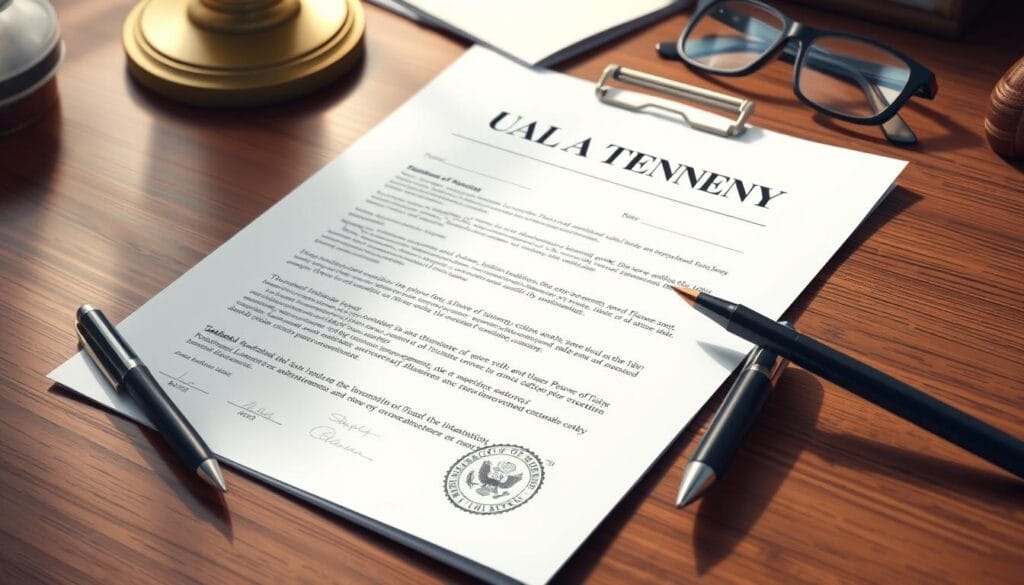 a detailed digital illustration of a financial power of attorney document, laid out on a wooden desk with a pen, magnifying glass, and eyeglasses nearby. the document should be prominently displayed, with crisp, high-resolution details showcasing the legal terminology and official seals. the lighting should be soft and natural, creating a sense of professionalism and authority. the overall composition should convey the importance and seriousness of financial power of attorney in the context of estate planning for seniors.