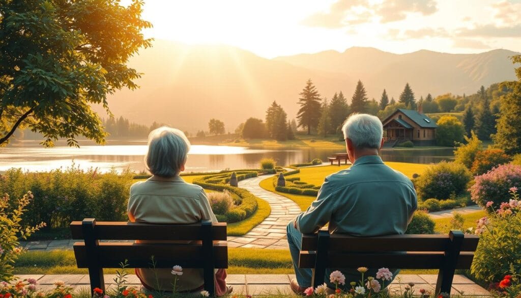 a detailed illustration of retirement planning, showcasing a peaceful and serene landscape with a middle-aged couple enjoying their golden years. The foreground features the couple sitting on a bench, gazing out over a tranquil lake surrounded by lush greenery and blooming flowers. The middle ground depicts a well-manicured garden with a meandering path leading to a cozy cabin in the distance. The background is filled with a picturesque mountain range bathed in warm, golden sunlight, creating a sense of calm and contentment. The scene is illuminated by soft, diffused lighting, captured with a wide-angle lens to emphasize the depth and expansiveness of the setting. The overall mood is one of relaxation, financial security, and the fulfillment of a well-planned retirement.
